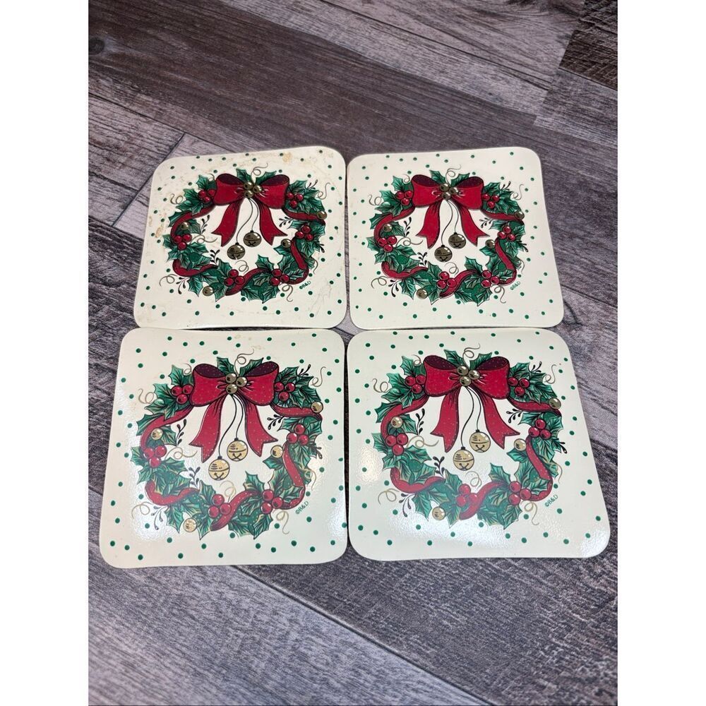 Vintage Christmas Coaster Set of 4 – Holly Wreath & Red Bow Design – Holiday Dri